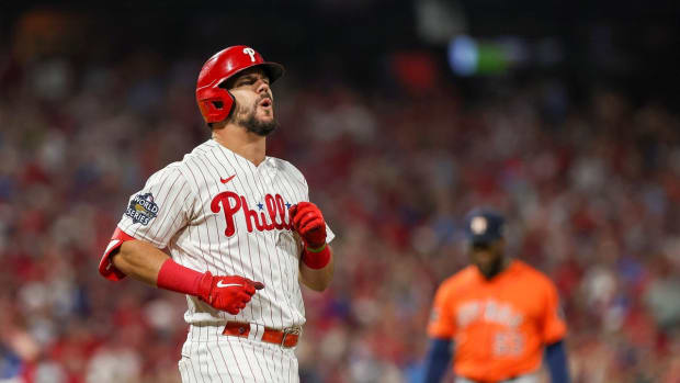 Nov 2, 2022; Philadelphia, Pennsylvania, USA; Philadelphia Phillies left fielder Kyle Schwarber (12) reacts after hitting a foul ball against the Houston Astros during the third inning in game four of the 2022 World Series at Citizens Bank Park. Mandatory Credit: Bill Streicher-USA TODAY Sports